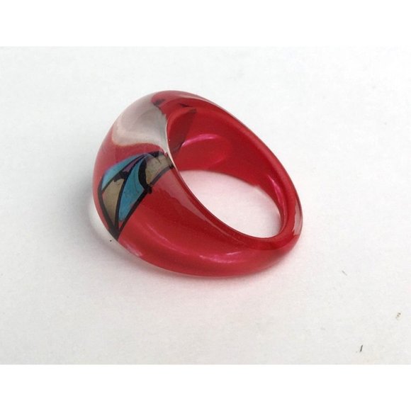 Vintage Lucite Ring Translucent Clear Red & Metallic Colors Hand Painted Chunky - Picture 4 of 6